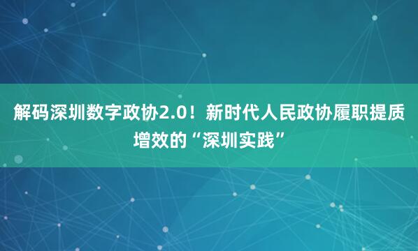 解码深圳数字政协2.0！新时代人民政协履职提质增效的“深圳实践”