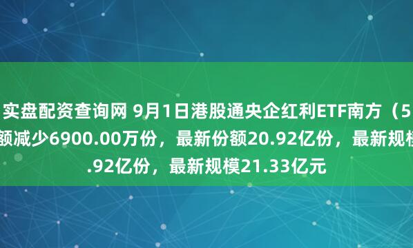 实盘配资查询网 9月1日港股通央企红利ETF南方（520660）份额减少6900.00万份，最新份额20.92亿份，最新规模21.33亿元