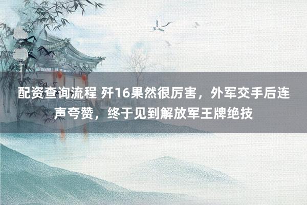 配资查询流程 歼16果然很厉害，外军交手后连声夸赞，终于见到解放军王牌绝技