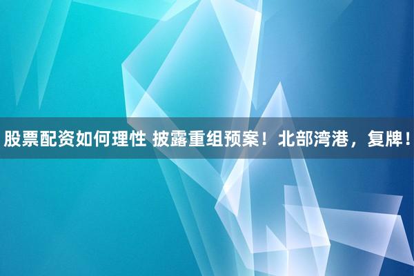 股票配资如何理性 披露重组预案！北部湾港，复牌！